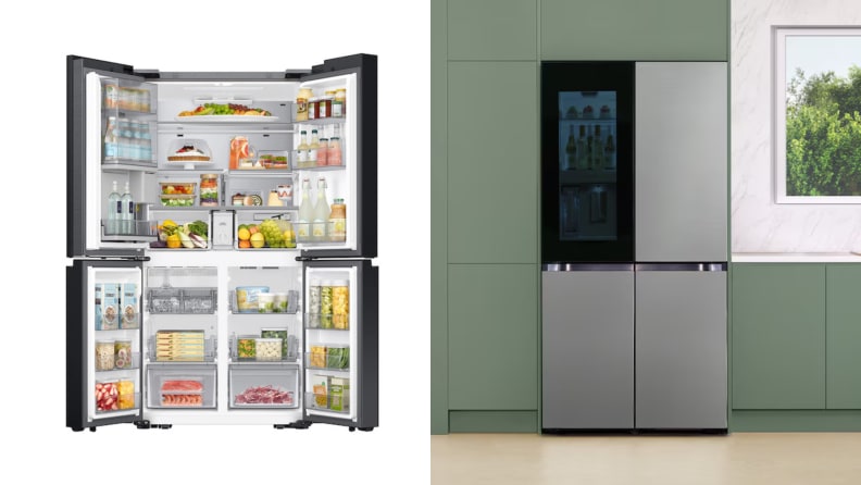 Left: Samsung fridge with all four doors open. Right: Samsung fridge set into green cabinetry in a kitchen.