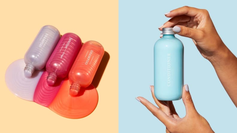 Left: Shampoo bottles oozing liquid; Right: Person holding Function of Beauty bottle
