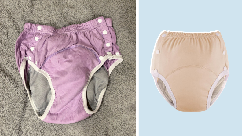 Purple Timgle diaper against a gray fabric surface (left), peach Timgle diaper against a blue background (right)