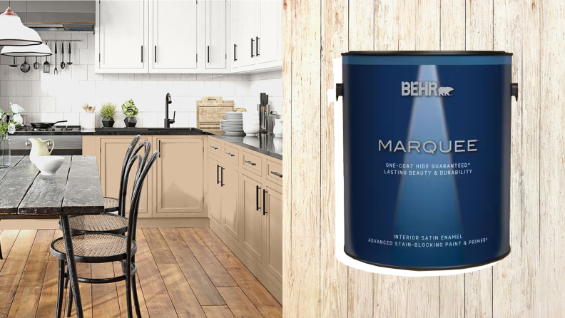 Left: A kitchen with painted cabinets; Right: A can of Behr Marquee paint on a wood background
