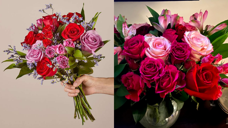 A bouquet of flowers in a hand next to a bouquet in a vase