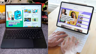 Two laptops showing off brightly colored images on screen