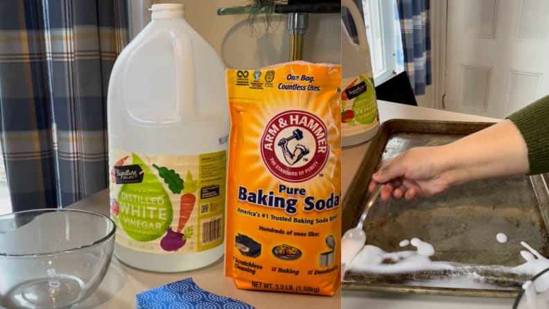 A display of baking soda, vinegar, and a bowl. Then those ingredients mixed up in the bowl and spread on a baking sheet.