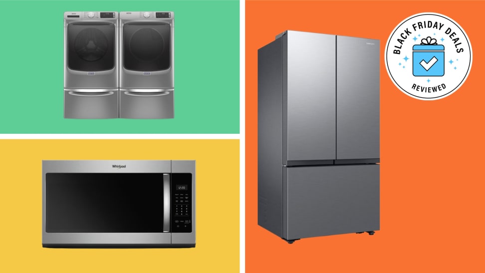 Three appliances with the Black Friday Deals Reviewed badge in front of colored backgrounds.