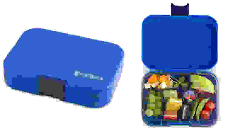 A blue reusable lunchbox shown closed and open with food inside.