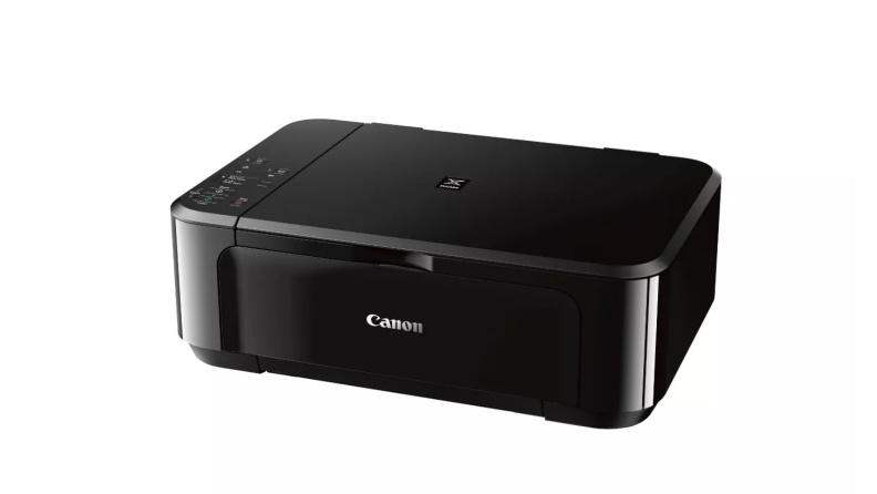 An image of a black Canon printer with the tray folded in, seen at a slight angle.