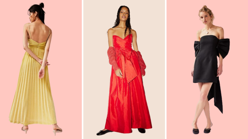 Collage image of a model wearing a pleated yellow dress, another model wearing a red jumpsuit, and a model wearing a black midi dress with an oversized bow detail.
