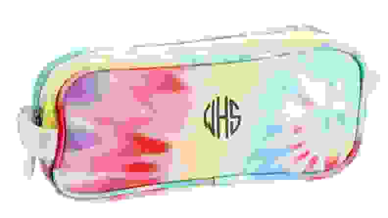 Multi-colored tie-dye pencil pouch with three letter monogram on front.