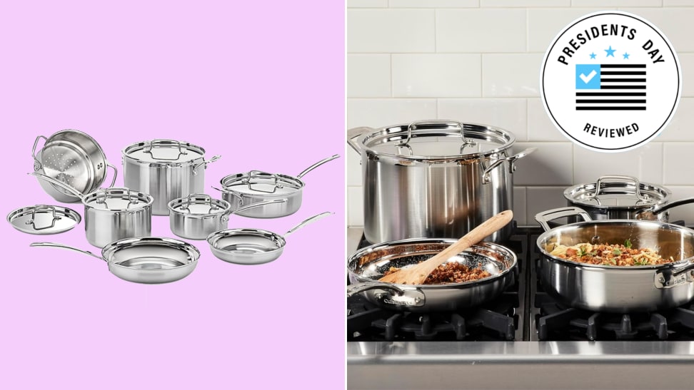 Photo collage of 8-piece Cuisinart stainless steel cookware set next to stainless steel pots and pits on top of top of stove.