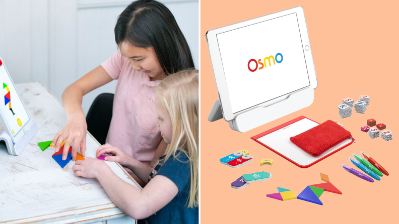 On left, two children smiling while arranging colorful geometric tiles together. On right, pieces from the Osmo Explorer Starter Kit in front of tablet.