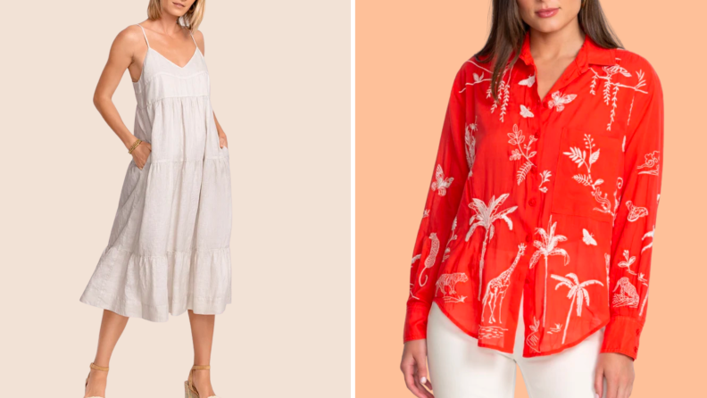 Images of models wearing an embroidered red shirt and a gray linen dress.