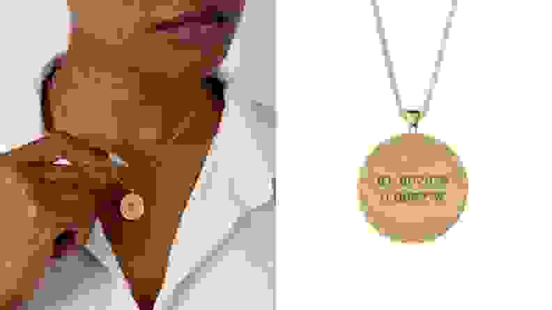 A woman wearing a compass necklace and a side of the necklace with coordinates