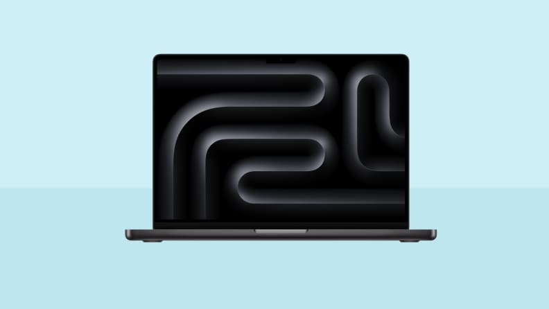 A MacBook Pro 16 M4 Max sits on a dual tone blue background
