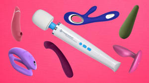 seven different vibrators arranged on a hot pink background