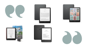 Four Kindles on a white background with large aqua quotation marks
