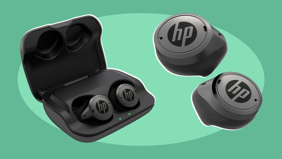 Product shot of set of HP Hearing Pro OTC hearing aids inside of charging case and out of it.