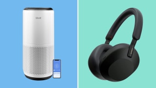 Air purifier and headphones on a colored background