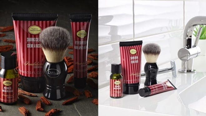 set of shaving products in bathroom