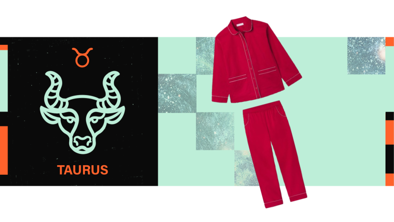 On the left is the symbol for Taurus, and on the right is a product shot of red pajamas with white piping.