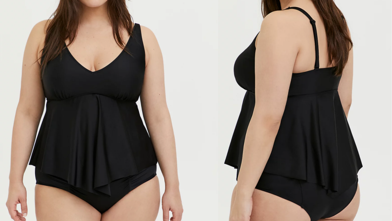 Model displaying front and back of black one-piece swimsuit.