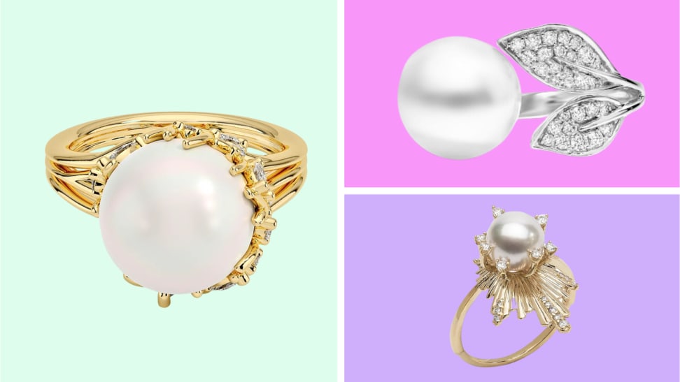 An image of three pearl rings, one in gold with a huge white pearl, one in white gold with a leaf-shaped band and tiny diamonds, and the other in yellow gold with a starburst beneath the pearl.