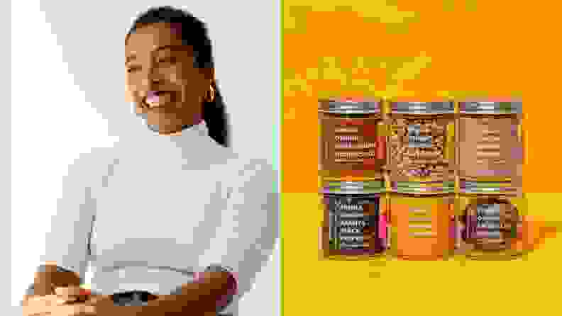 Side-by-side image of Sana Javeri Kadri and her Diaspora Co. products.
