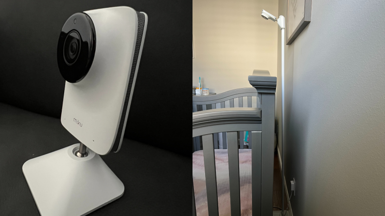 On left, side shot of the Miku Pro Smart Baby Monitor. On right, Miku Pro Smart Baby Monitor on top of floor stand behind crib (angled downwards).