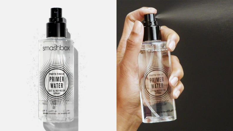 On the left: A clear spray bottle of the Smashbox primer water. On the right: A hand sprays the Smashbox primer water.