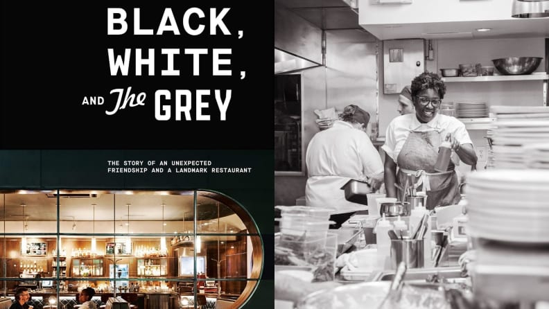 A la izquierda está la portada del libro Black, White and Grey.  A la derecha está la chef Mashama Bailey en la cocina de The Grey.