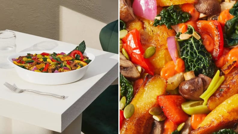 On left, Daily Harvest Ropa Vieja Harvest Bakes from afar on a table. On left, the dish close-up with all veggies visible.