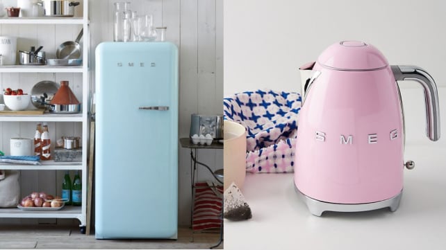 Smeg blue fridge and pink kettle