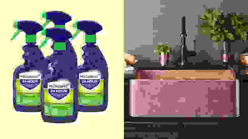 On left, four bottles of the MicroBan antibacterial spray. On right, copper sink in modern kitchen setting.