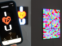 On left, person holding up smartphone in front of Twinkly Squares LED panels. On right, colorful LED light panels mounted on wall.