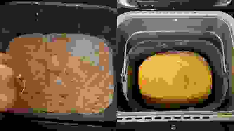 Two shots of dough inside the bread maker and fully-made bread.