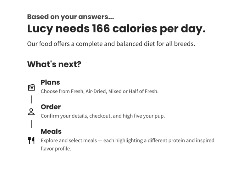 A page showing the calorie breakdown of The Pets Table meals
