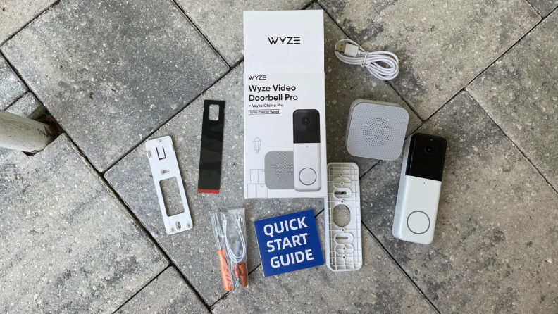 Everything that comes with the Wyze Video Doorbell Pro including screws, wire caps, a chime, and more