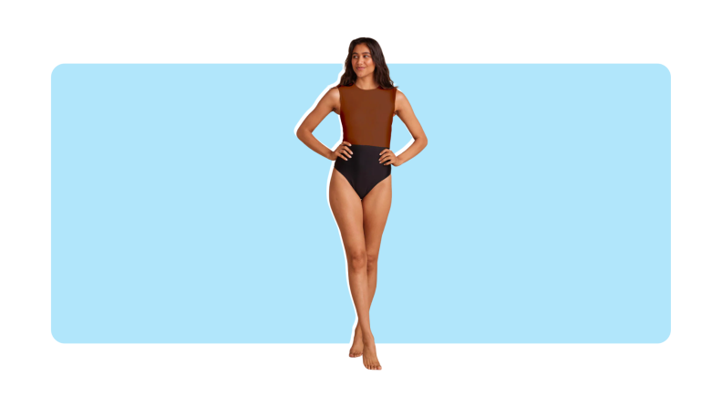 A one-piece bathing suit with a high neck.
