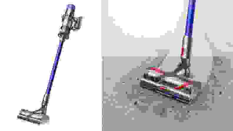 Left: Dyson Vacuum Cleaner on white background, right: dyson vacuum graphic picking up dirt.