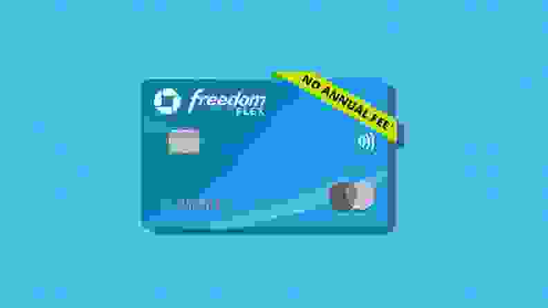 Chase Freedom Flex credit card on blue background with no annual fee banner