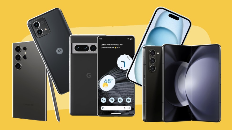 The Apple iPhone 15, Motorola Moto G, Samsung Galaxy Z Fold5, Samsung Galaxy S24 Ultra, and Google Pixel Pro smartphones on a two-tone yellow background.