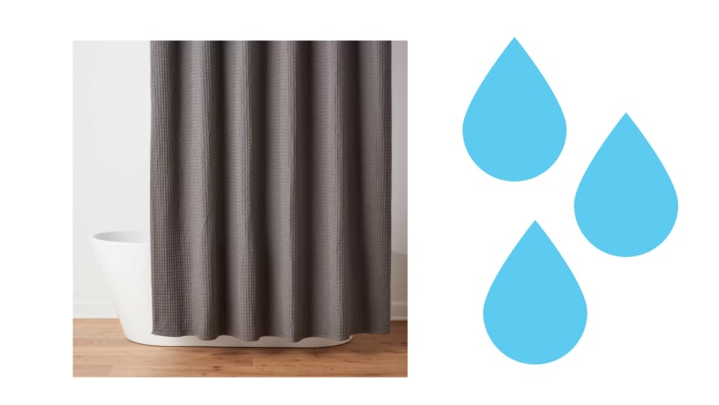 A brown shower curtain in a bathroom