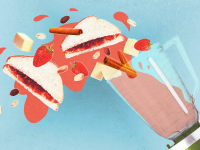 A cartoon graphic of a blended smoothie inside of a blender next to a peanut butter and jelly sandwich surrounded by other ingredients.
