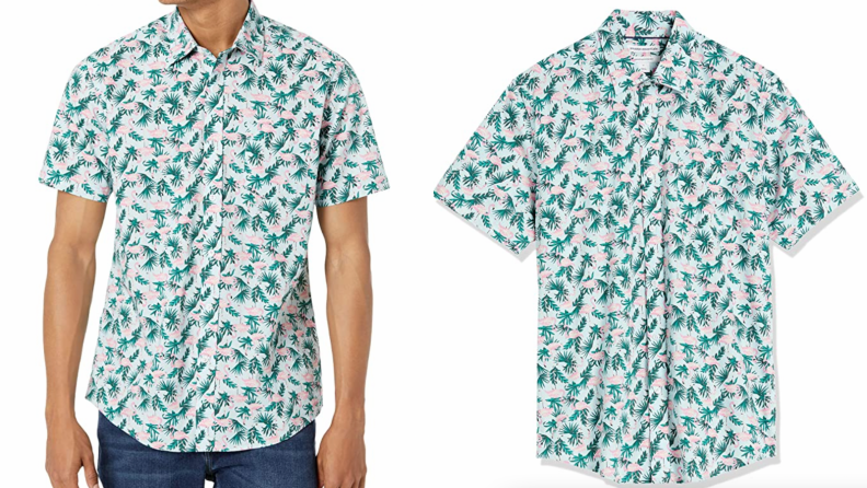 man wearing flamingo button up from Amazon Essentials
