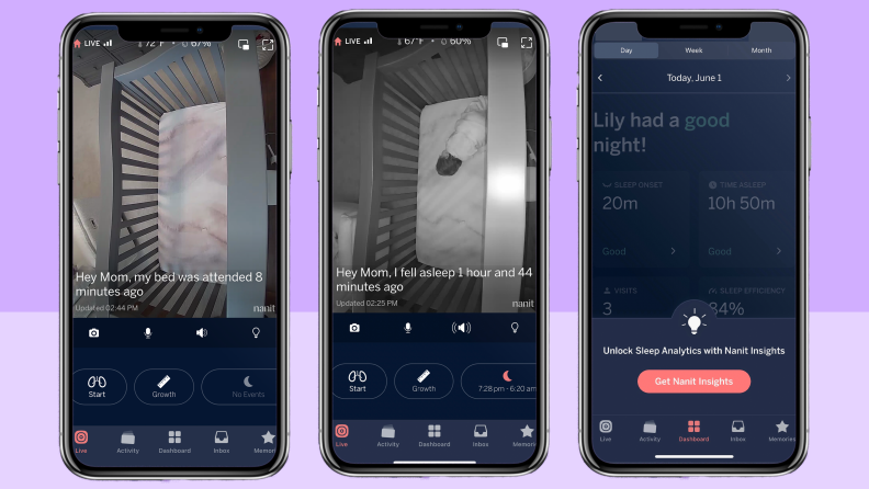 Three screenshots on smartphone screen of baby activity through the Nanit app.