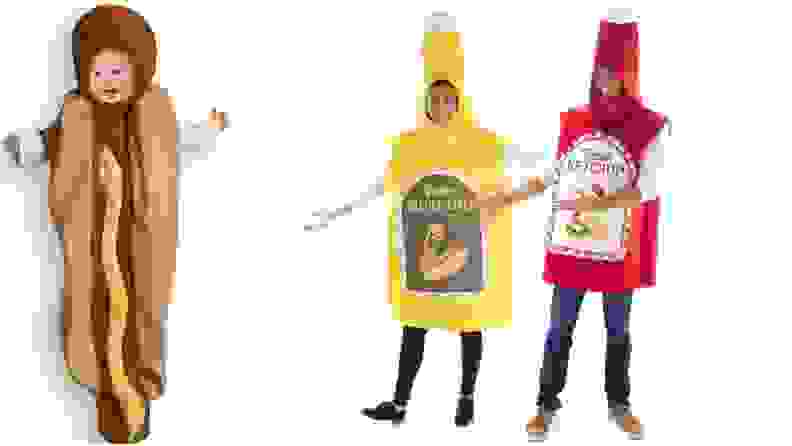 A baby dressed as a hot dog and parents dressed as mustard and ketchup.