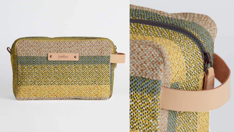An image of a dopp kit in green textured pattern next to a close up of its leather handle.