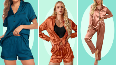 On left, model wearing navy blue, short sleeve satin pajama set. In middle, model poses with hands on both hips while wearing orange satin long sleeve pajama set with black tank top underneath. On right, model poses with hand on hip while wearing rose gold, satin, long sleeve pajama set.