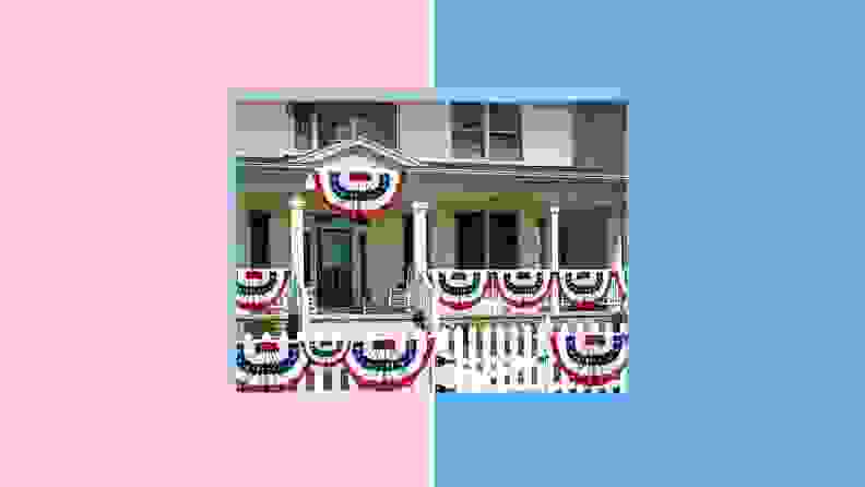 A house with the front decorated with bunting flags.