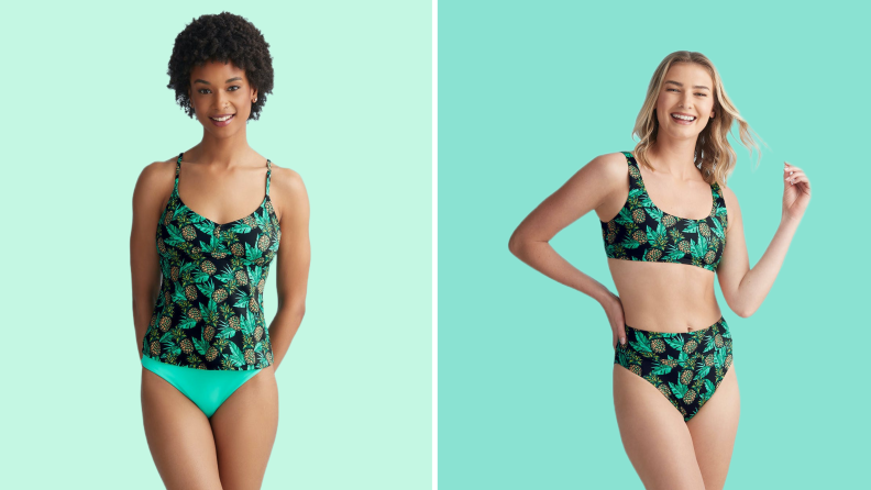 Matching tankini and bikini in blue and green pineapple print
