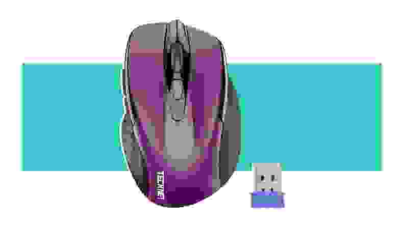 A purple Tecknet mouse on a teal background.